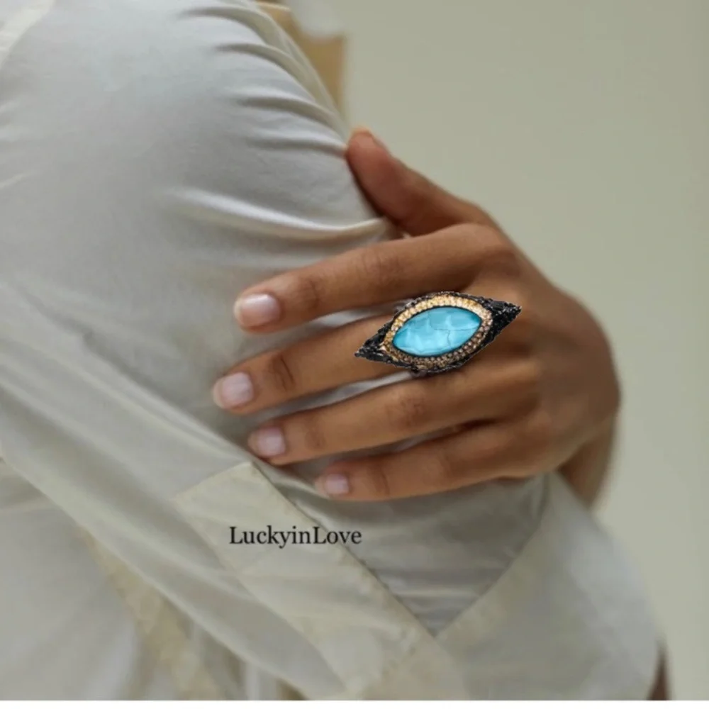 ALEXIS BITTAR Black Gunmetal Gold Doublet Turquoise Stone Maldivian Feather Ring